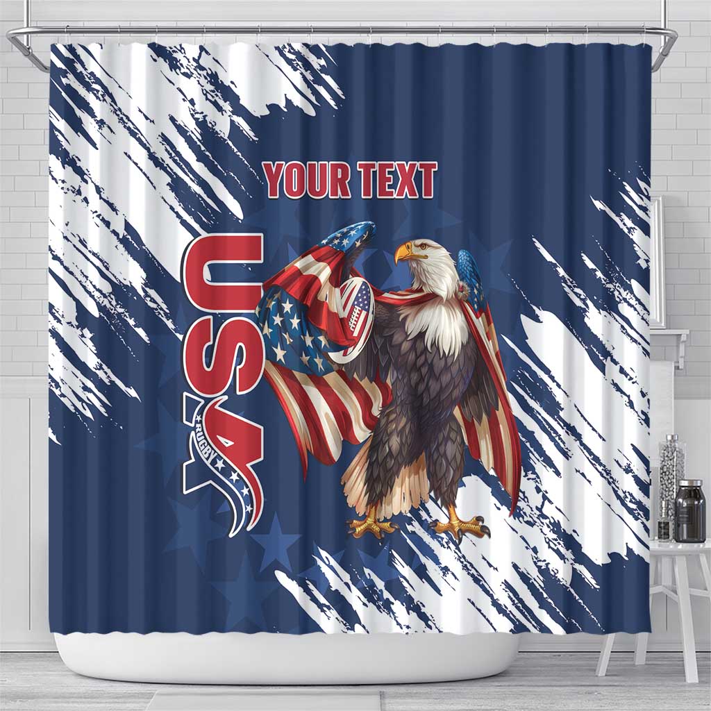 Custom USA Rugby Shower Curtain Powerful Eagle Grunge Brush Style - Blue