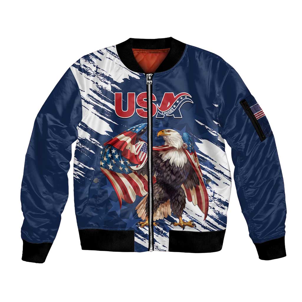 Custom USA Rugby Sleeve Zip Bomber Jacket Powerful Eagle Grunge Brush Style - Blue - Wonder Print Shop