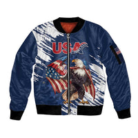 Custom USA Rugby Sleeve Zip Bomber Jacket Powerful Eagle Grunge Brush Style - Blue - Wonder Print Shop