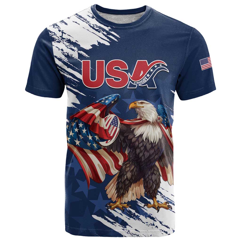 Custom USA Rugby T Shirt Powerful Eagle Grunge Brush Style - Blue - Wonder Print Shop