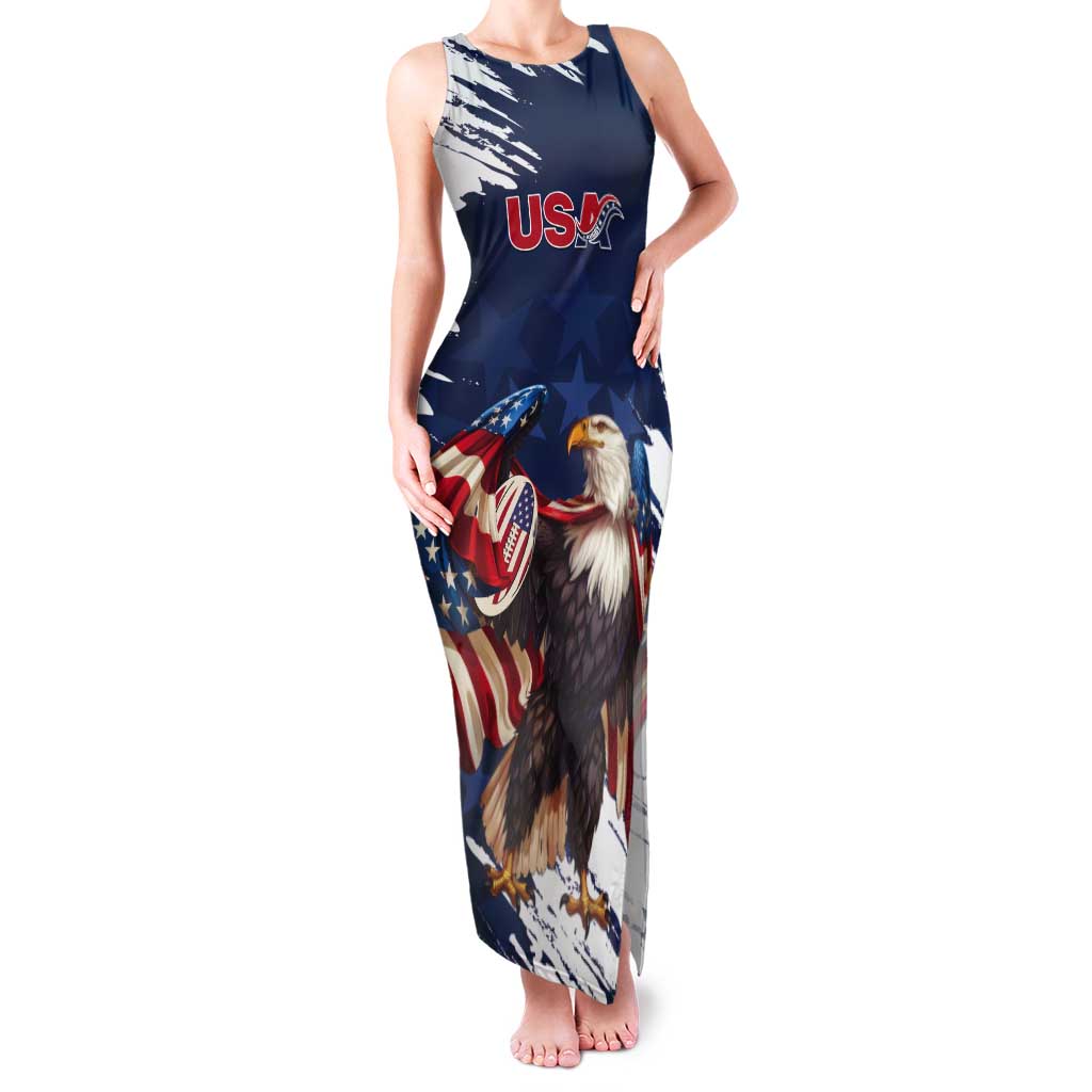 Custom USA Rugby Tank Maxi Dress Powerful Eagle Grunge Brush Style - Blue - Wonder Print Shop