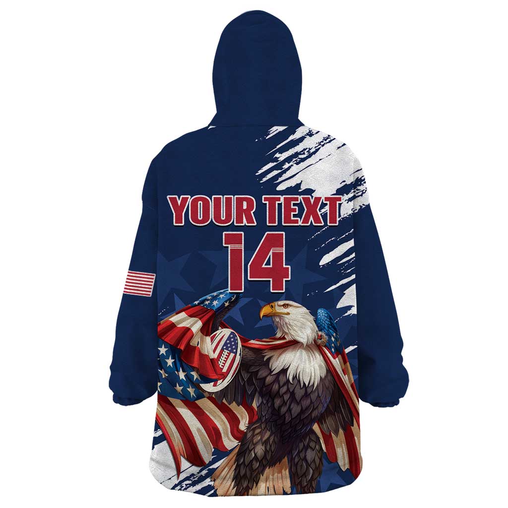Custom USA Rugby Wearable Blanket Hoodie Powerful Eagle Grunge Brush Style - Blue - Wonder Print Shop