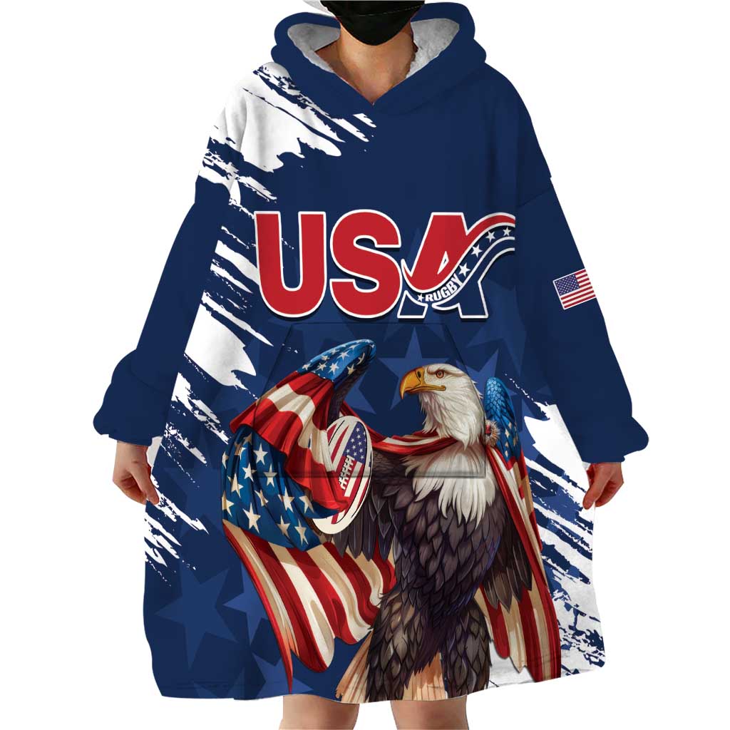 Custom USA Rugby Wearable Blanket Hoodie Powerful Eagle Grunge Brush Style - Blue - Wonder Print Shop