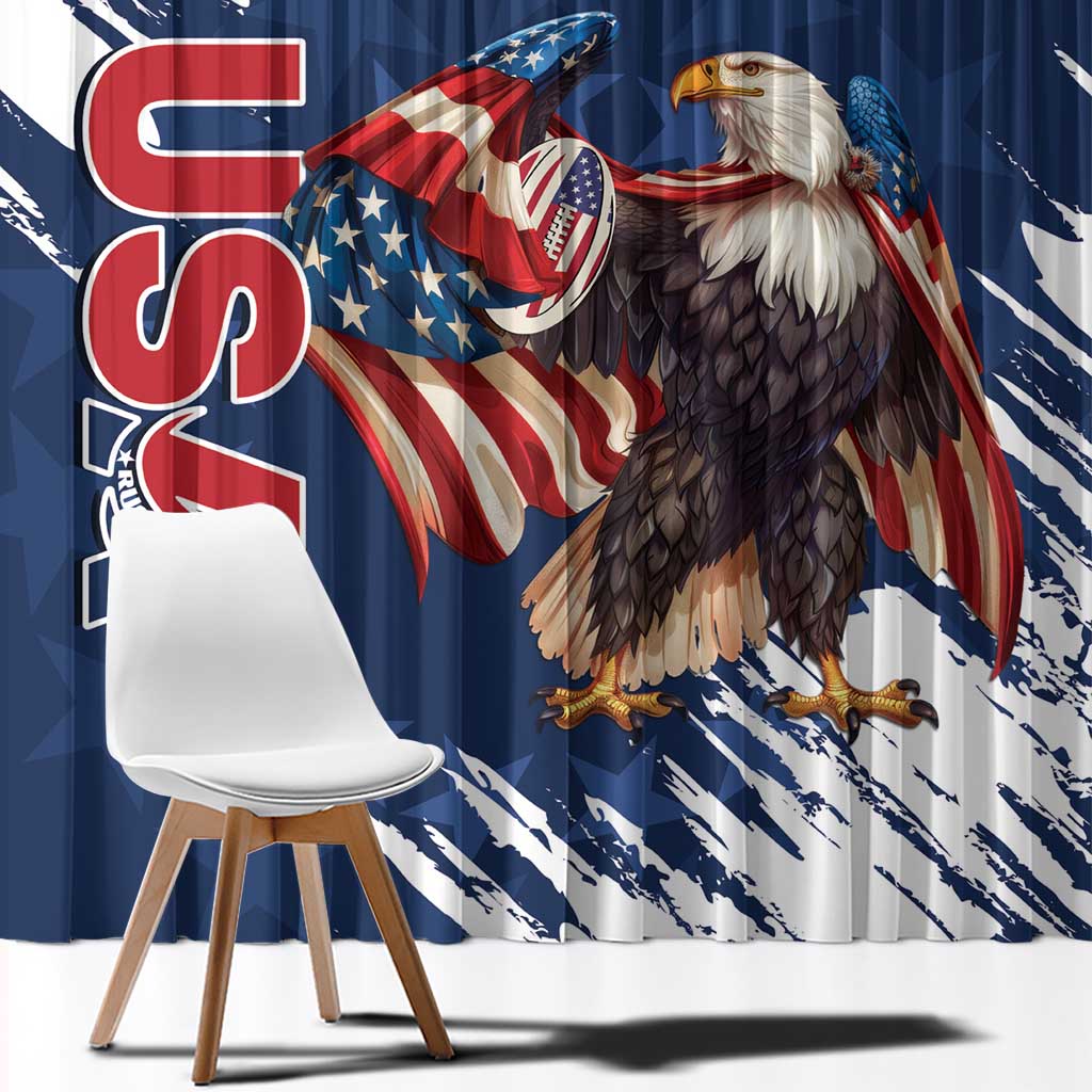 Custom USA Rugby Window Curtain Powerful Eagle Grunge Brush Style - Blue - Wonder Print Shop