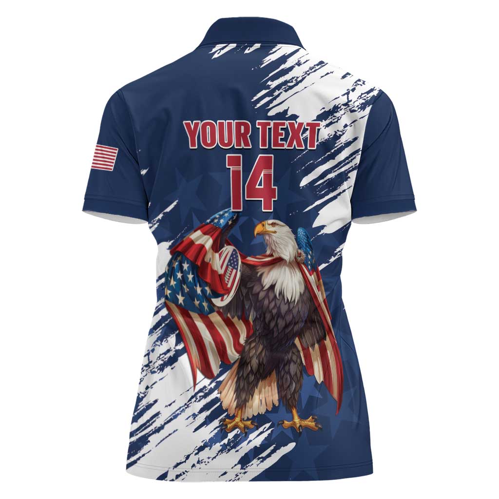 Custom USA Rugby Women Polo Shirt Powerful Eagle Grunge Brush Style - Blue - Wonder Print Shop