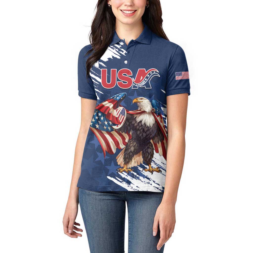 Custom USA Rugby Women Polo Shirt Powerful Eagle Grunge Brush Style - Blue - Wonder Print Shop
