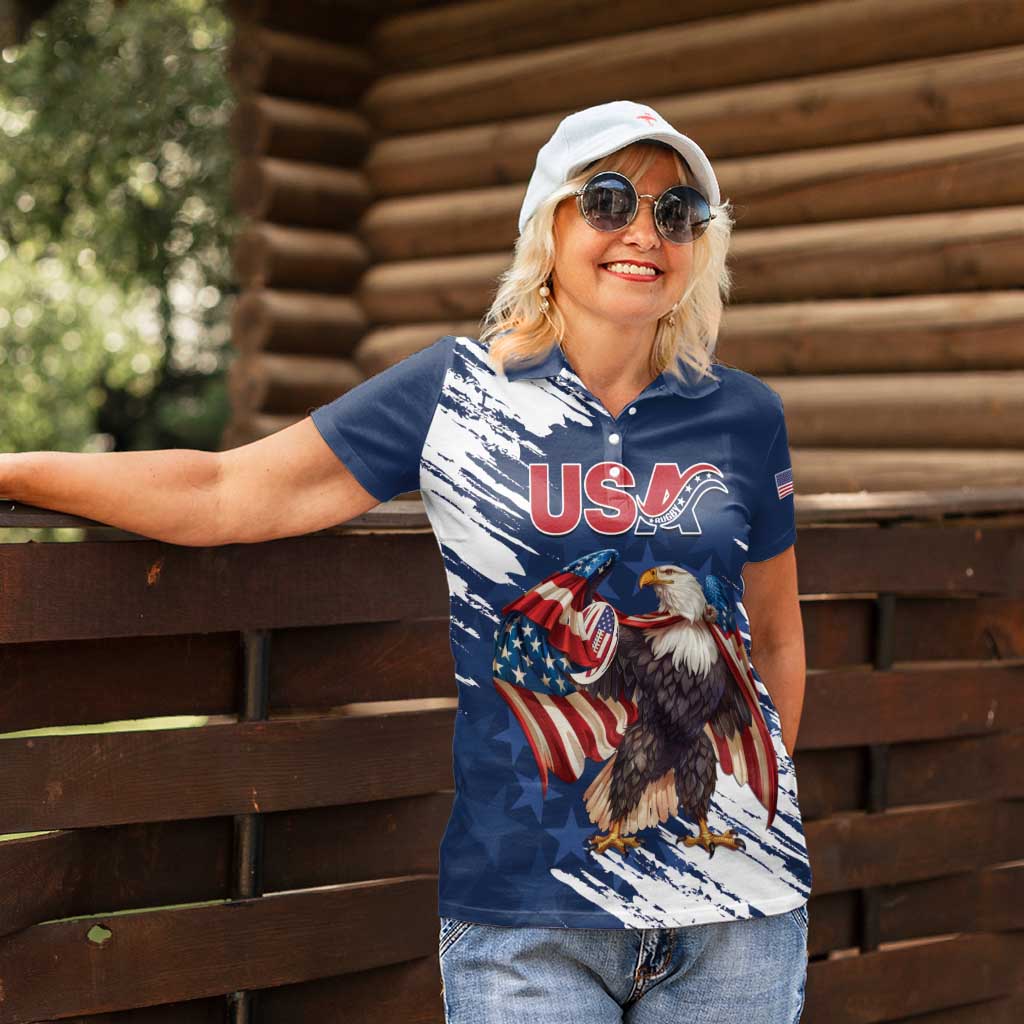 Custom USA Rugby Women Polo Shirt Powerful Eagle Grunge Brush Style - Blue - Wonder Print Shop