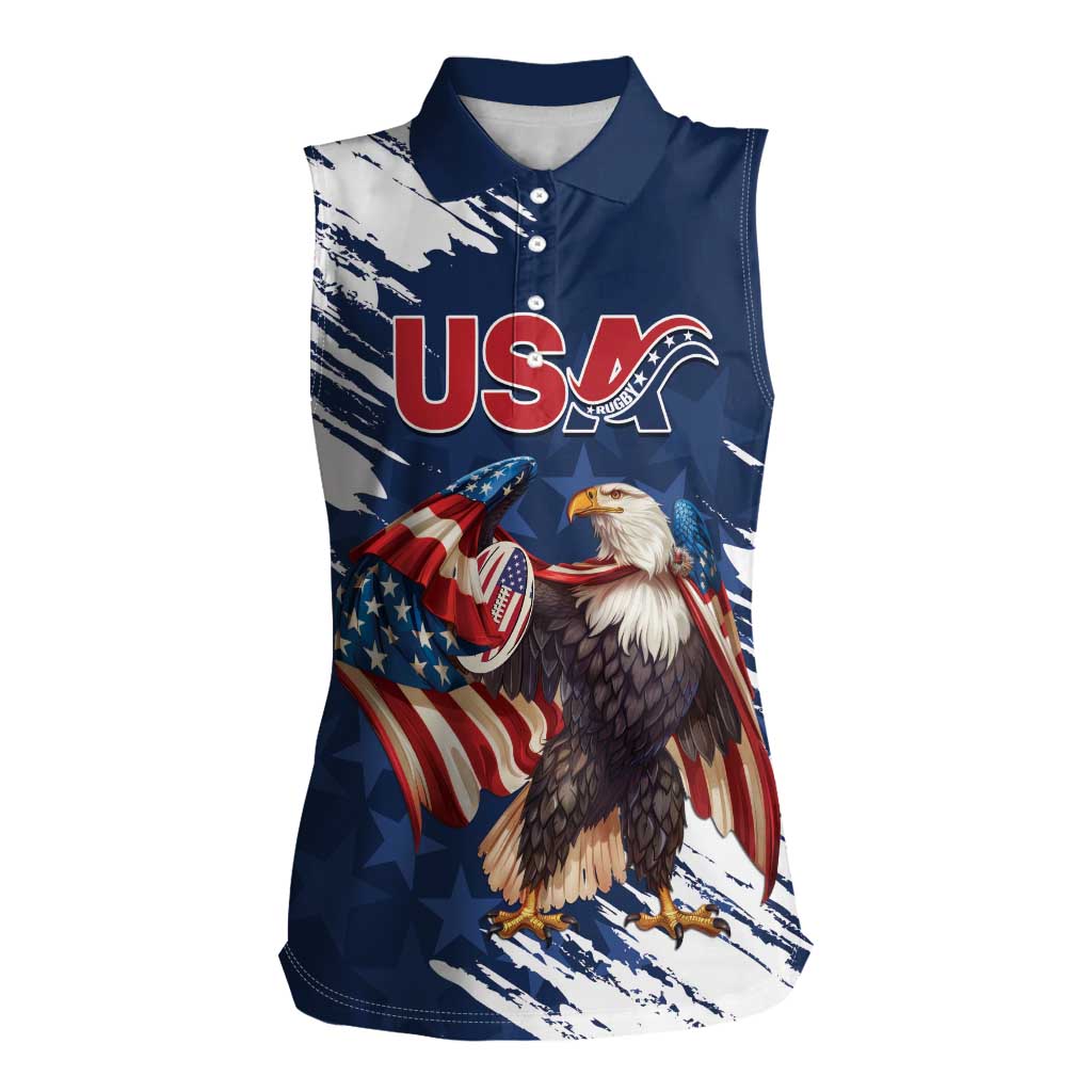 Custom USA Rugby Women Sleeveless Polo Shirt Powerful Eagle Grunge Brush Style - Blue - Wonder Print Shop