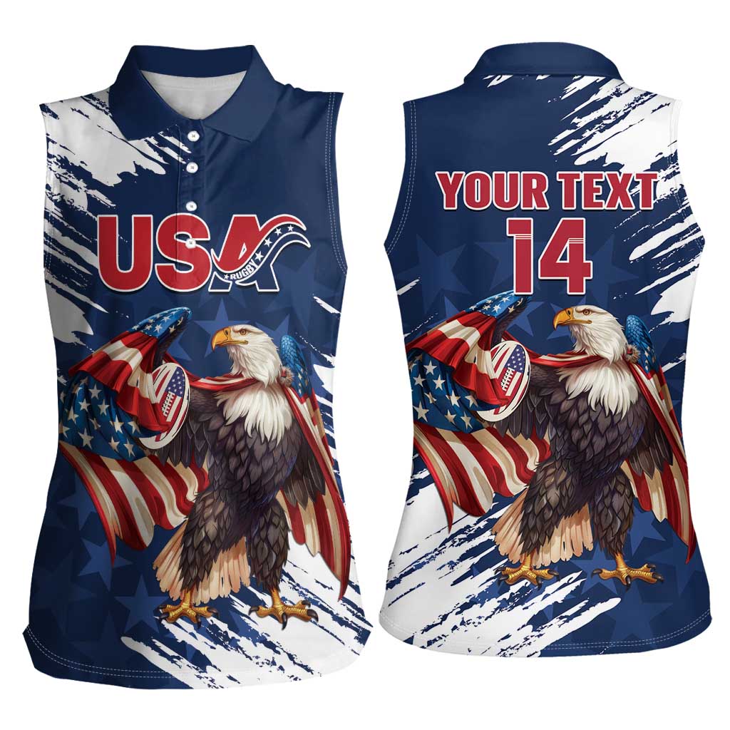 Custom USA Rugby Women Sleeveless Polo Shirt Powerful Eagle Grunge Brush Style - Blue - Wonder Print Shop
