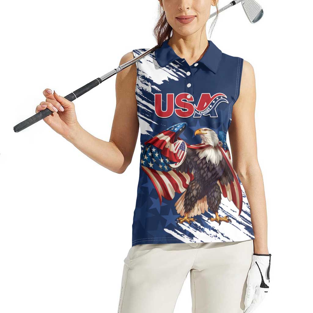 Custom USA Rugby Women Sleeveless Polo Shirt Powerful Eagle Grunge Brush Style - Blue - Wonder Print Shop