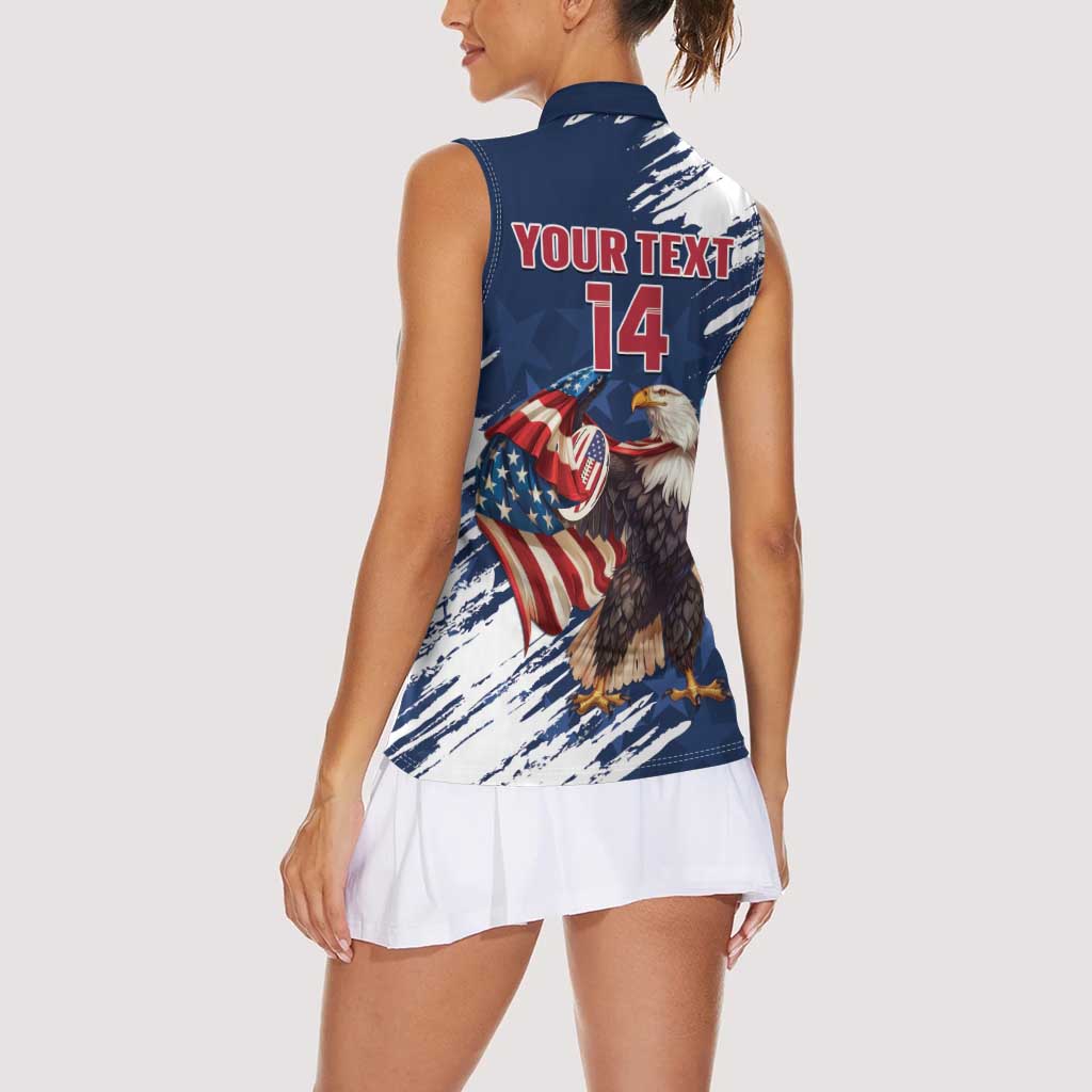 Custom USA Rugby Women Sleeveless Polo Shirt Powerful Eagle Grunge Brush Style - Blue - Wonder Print Shop