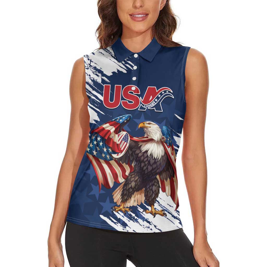 Custom USA Rugby Women Sleeveless Polo Shirt Powerful Eagle Grunge Brush Style - Blue - Wonder Print Shop