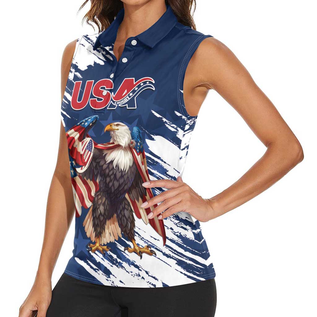 Custom USA Rugby Women Sleeveless Polo Shirt Powerful Eagle Grunge Brush Style - Blue - Wonder Print Shop