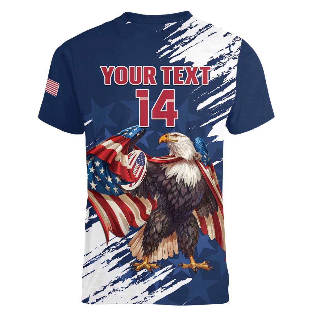 Custom USA Rugby Women V-Neck T-Shirt Powerful Eagle Grunge Brush Style - Blue - Wonder Print Shop