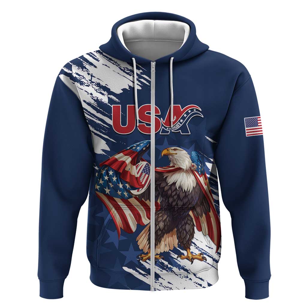 Custom USA Rugby Zip Hoodie Powerful Eagle Grunge Brush Style - Blue - Wonder Print Shop