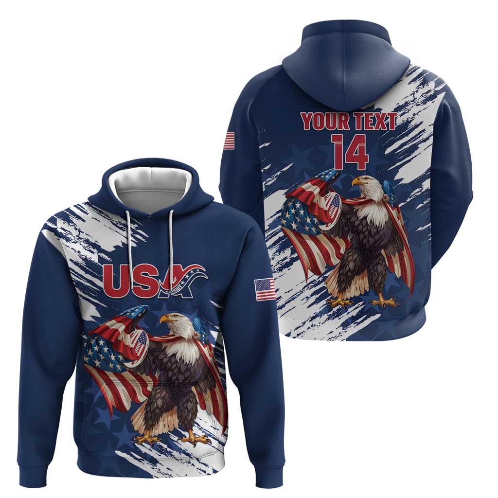 Custom USA Rugby Zip Hoodie Powerful Eagle Grunge Brush Style - Blue - Wonder Print Shop