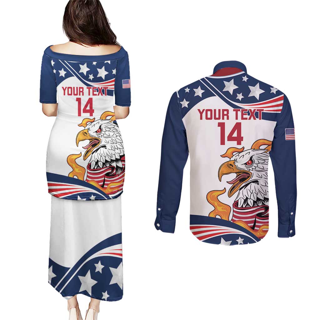 Custom USA Rugby Sevens Couples Matching Puletasi and Long Sleeve Button Shirt Go Eagles Flag Style - Wonder Print Shop