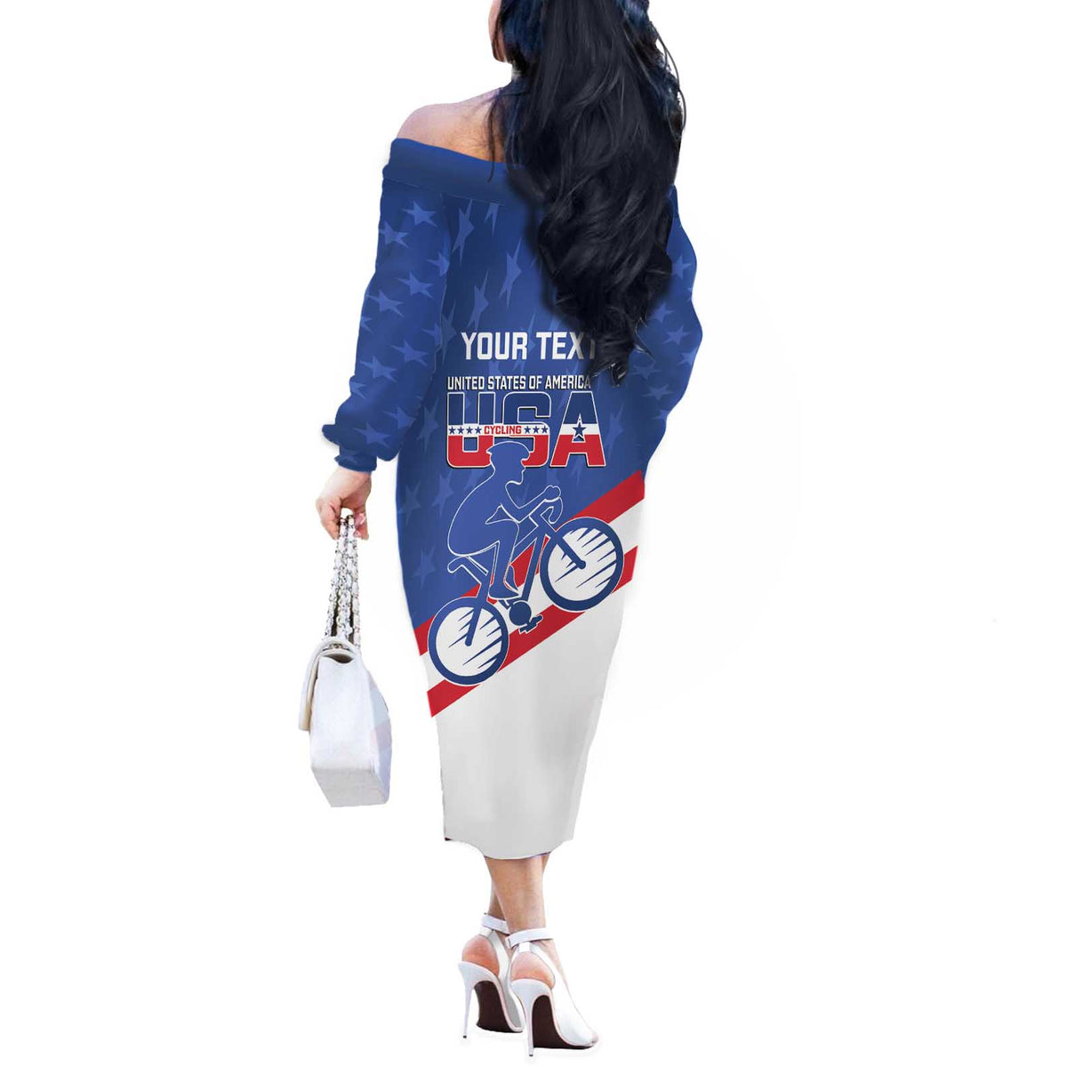 Personalized USA Cycling Off The Shoulder Long Sleeve Dress United States Bike Racing Lover - Wonder Print Shop