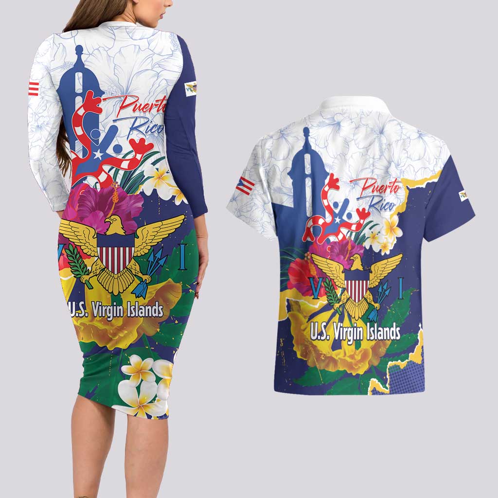 US Virgin Islands - Puerto Rico Day Couples Matching Long Sleeve Bodycon Dress and Hawaiian Shirt Boricua Coqui Yellow-colored Eagle - Wonder Print Shop