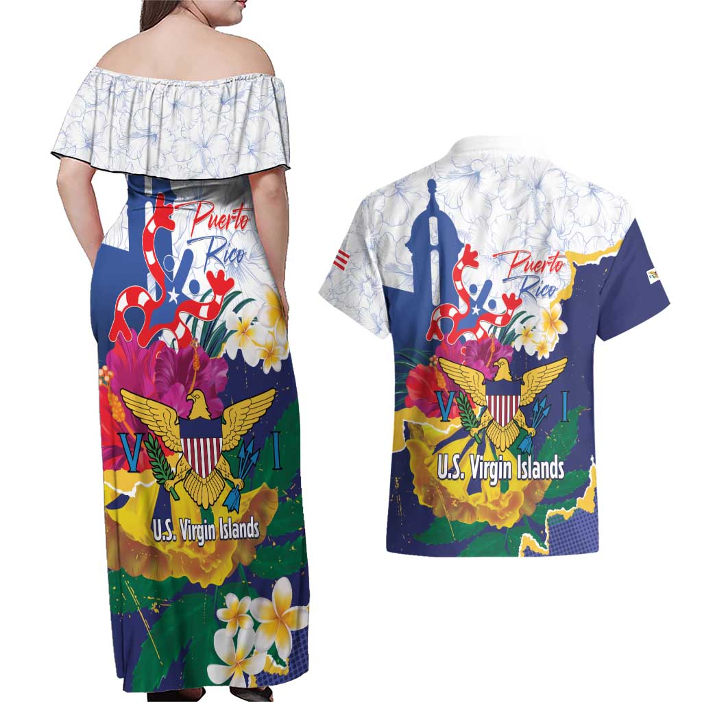US Virgin Islands - Puerto Rico Day Couples Matching Off Shoulder Maxi Dress and Hawaiian Shirt Boricua Coqui Yellow-colored Eagle - Wonder Print Shop