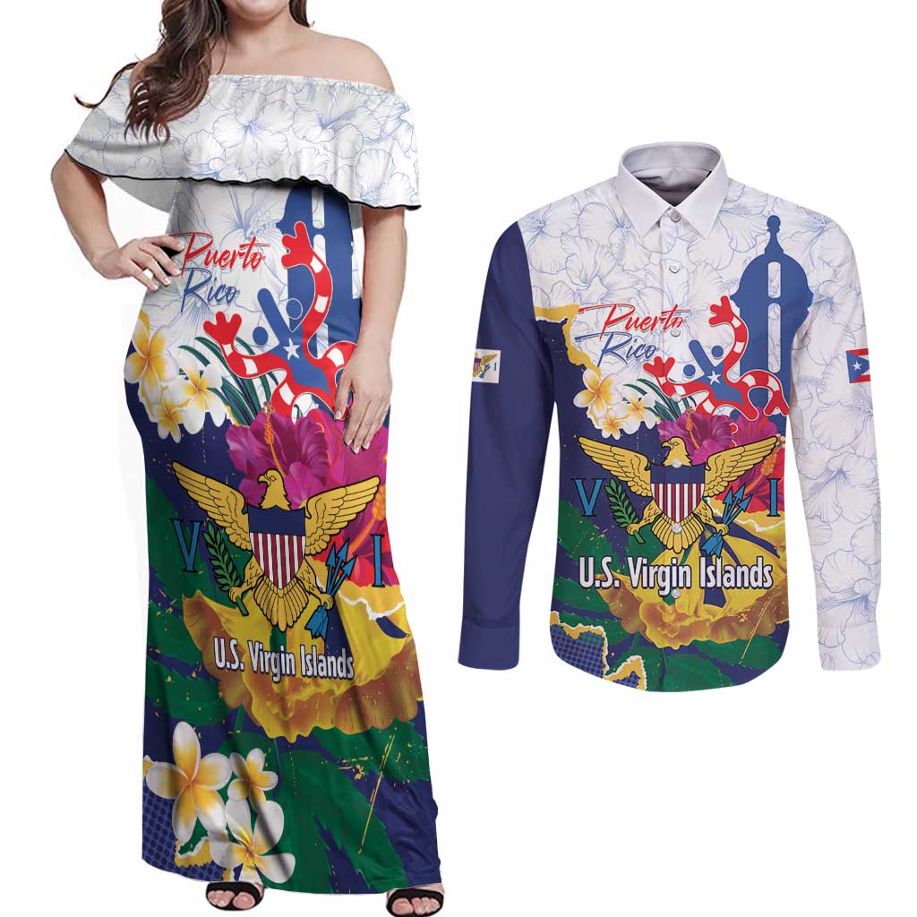 US Virgin Islands - Puerto Rico Day Couples Matching Off Shoulder Maxi Dress and Long Sleeve Button Shirt Boricua Coqui Yellow-colored Eagle - Wonder Print Shop