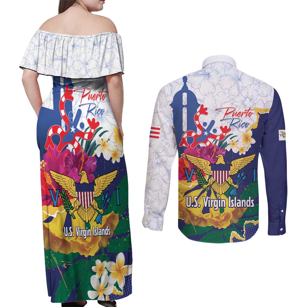 US Virgin Islands - Puerto Rico Day Couples Matching Off Shoulder Maxi Dress and Long Sleeve Button Shirt Boricua Coqui Yellow-colored Eagle - Wonder Print Shop