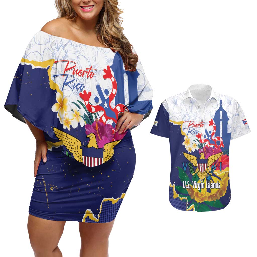 US Virgin Islands - Puerto Rico Day Couples Matching Off Shoulder Short Dress and Hawaiian Shirt Boricua Coqui Yellow-colored Eagle - Wonder Print Shop