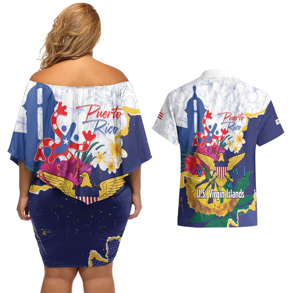US Virgin Islands - Puerto Rico Day Couples Matching Off Shoulder Short Dress and Hawaiian Shirt Boricua Coqui Yellow-colored Eagle - Wonder Print Shop