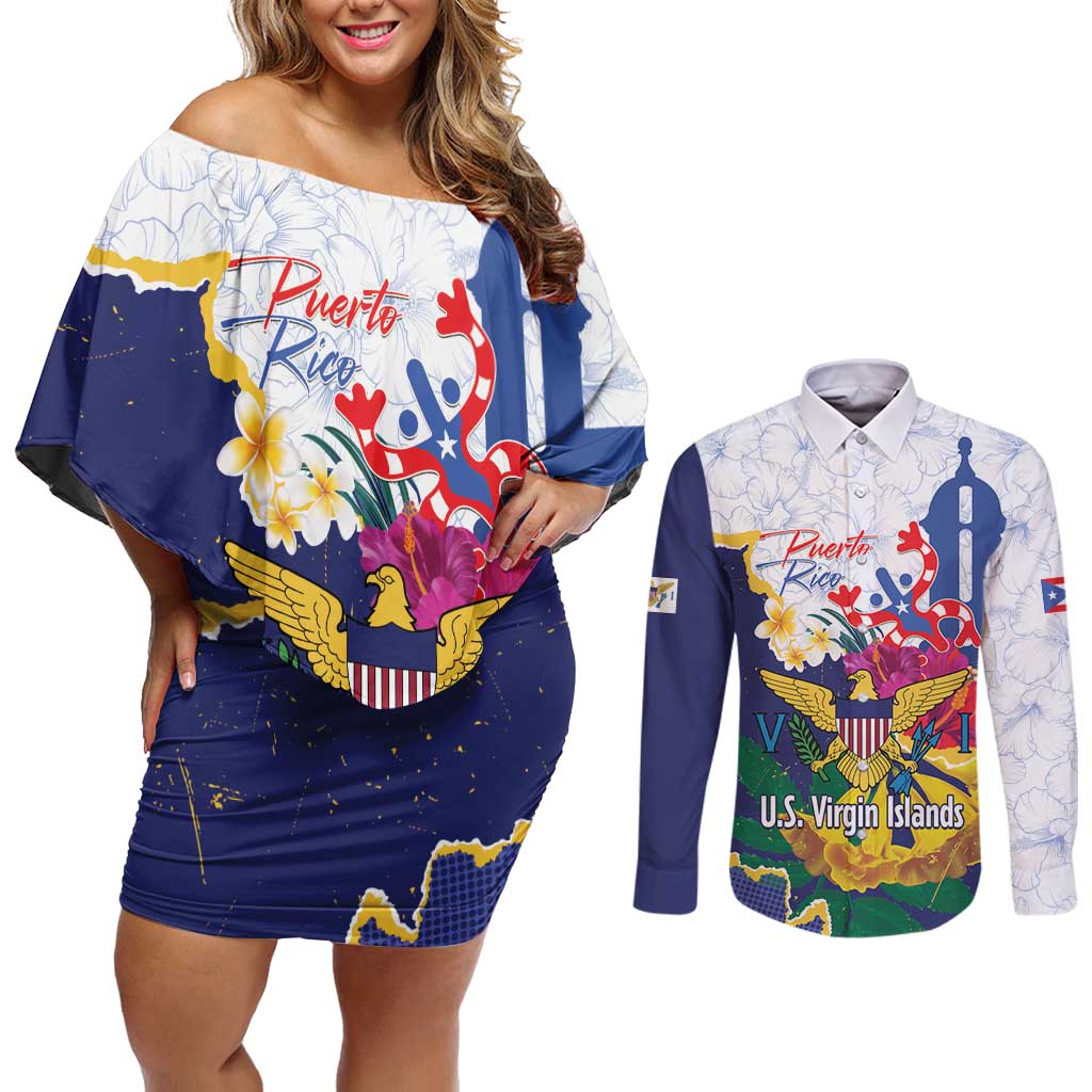 US Virgin Islands - Puerto Rico Day Couples Matching Off Shoulder Short Dress and Long Sleeve Button Shirt Boricua Coqui Yellow-colored Eagle - Wonder Print Shop