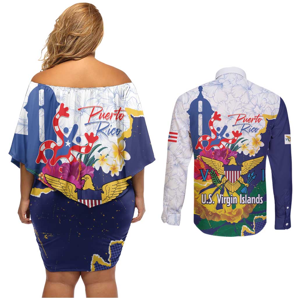 US Virgin Islands - Puerto Rico Day Couples Matching Off Shoulder Short Dress and Long Sleeve Button Shirt Boricua Coqui Yellow-colored Eagle - Wonder Print Shop