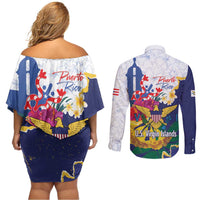 US Virgin Islands - Puerto Rico Day Couples Matching Off Shoulder Short Dress and Long Sleeve Button Shirt Boricua Coqui Yellow-colored Eagle - Wonder Print Shop