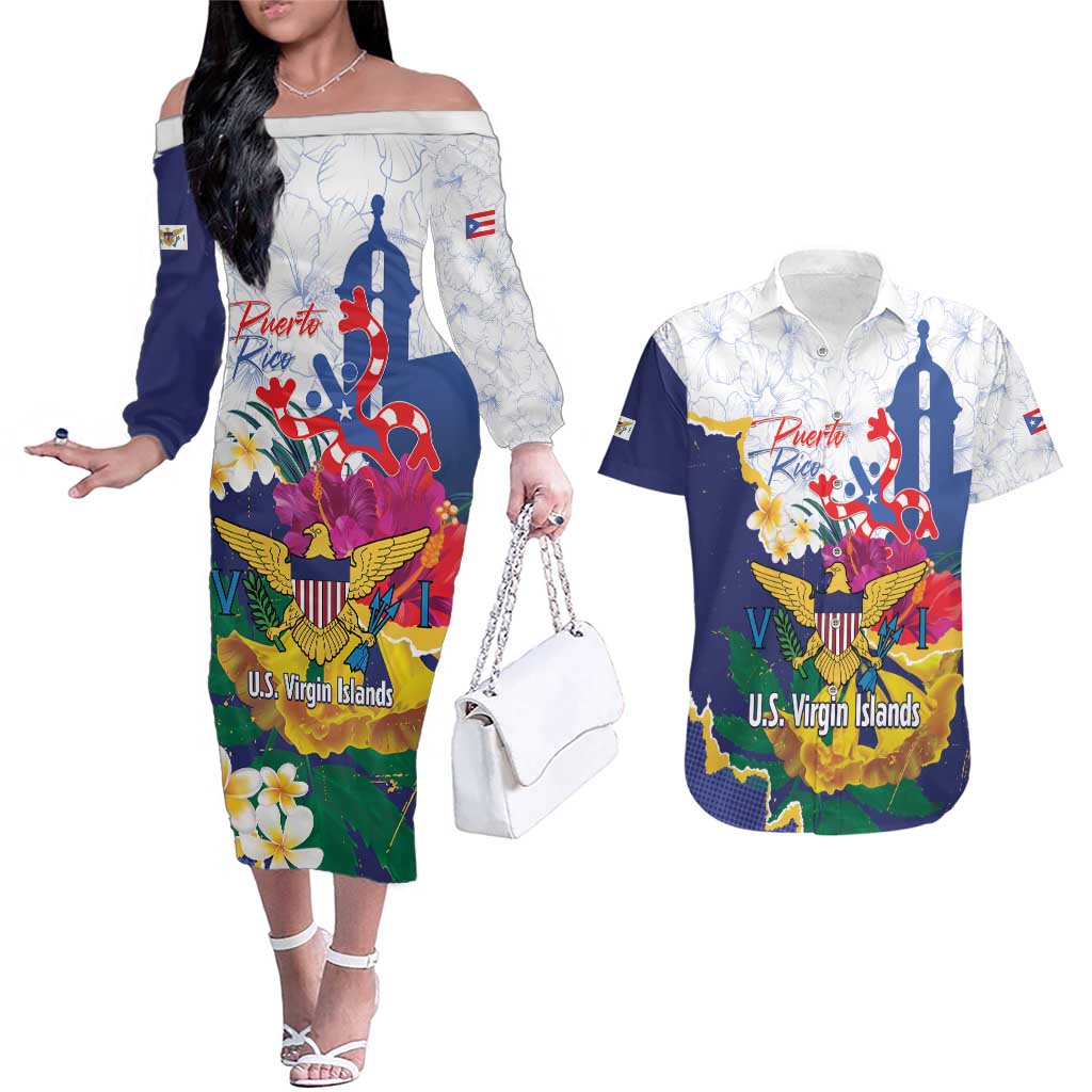 US Virgin Islands - Puerto Rico Day Couples Matching Off The Shoulder Long Sleeve Dress and Hawaiian Shirt Boricua Coqui Yellow-colored Eagle - Wonder Print Shop