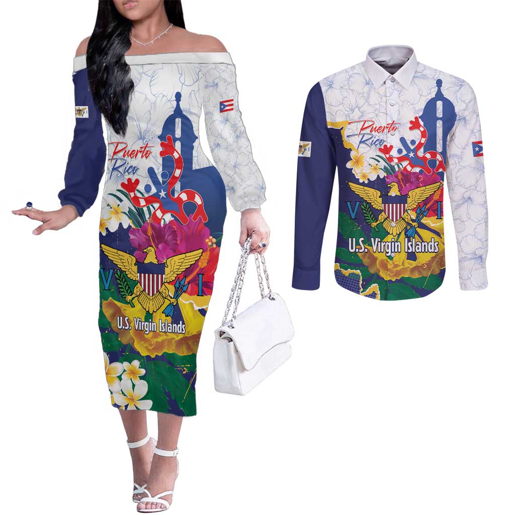 US Virgin Islands - Puerto Rico Day Couples Matching Off The Shoulder Long Sleeve Dress and Long Sleeve Button Shirt Boricua Coqui Yellow-colored Eagle - Wonder Print Shop