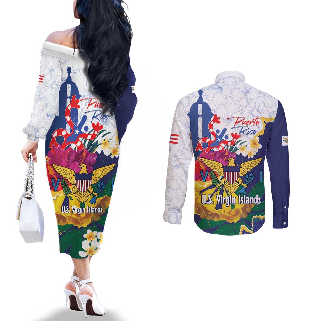 US Virgin Islands - Puerto Rico Day Couples Matching Off The Shoulder Long Sleeve Dress and Long Sleeve Button Shirt Boricua Coqui Yellow-colored Eagle - Wonder Print Shop