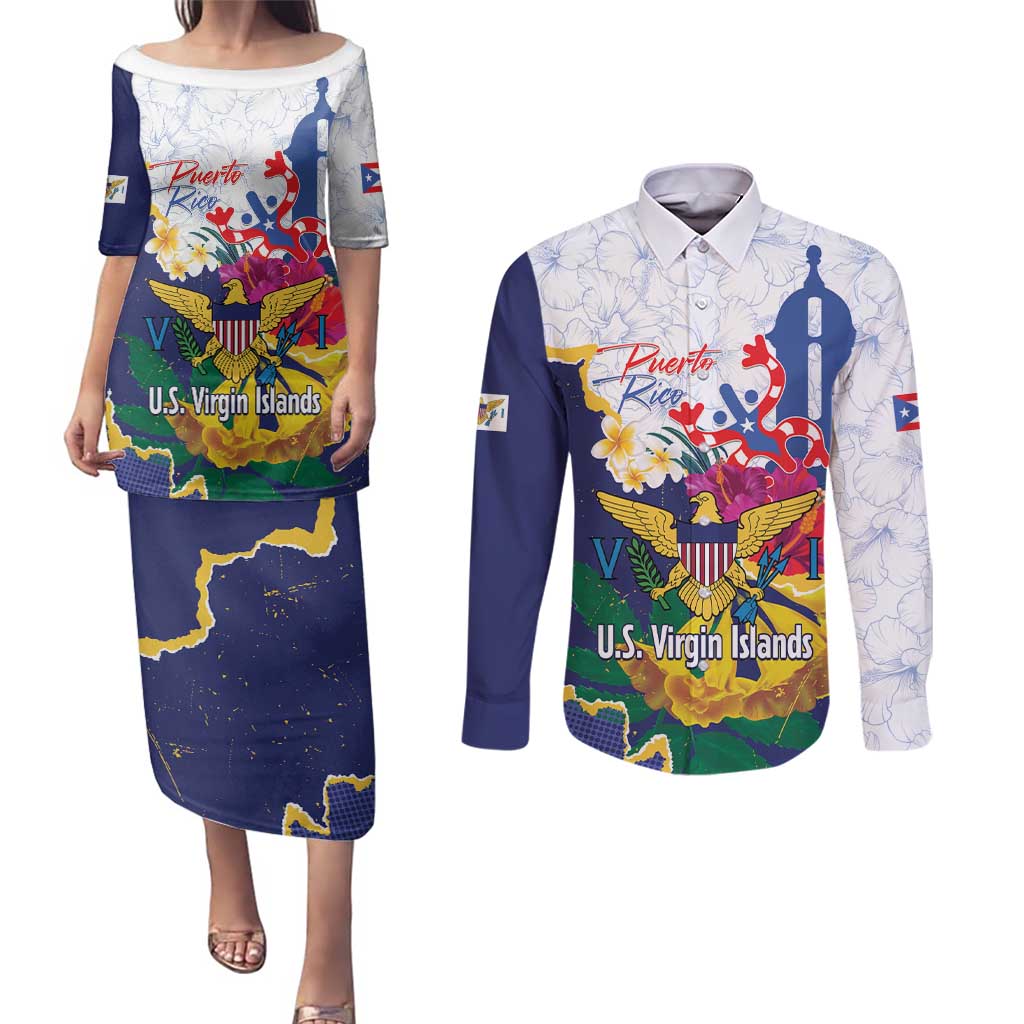 US Virgin Islands - Puerto Rico Day Couples Matching Puletasi and Long Sleeve Button Shirt Boricua Coqui Yellow-colored Eagle - Wonder Print Shop