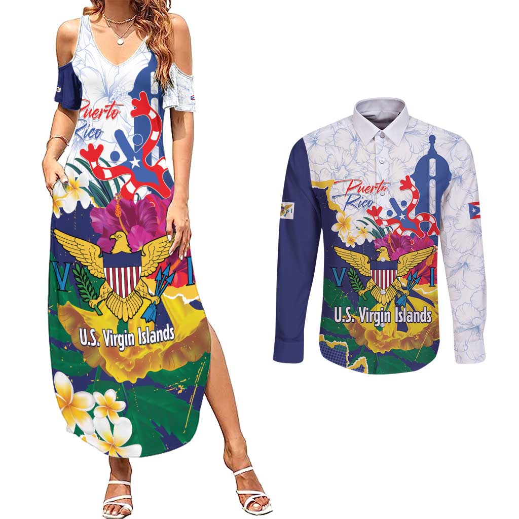 US Virgin Islands - Puerto Rico Day Couples Matching Summer Maxi Dress and Long Sleeve Button Shirt Boricua Coqui Yellow-colored Eagle - Wonder Print Shop