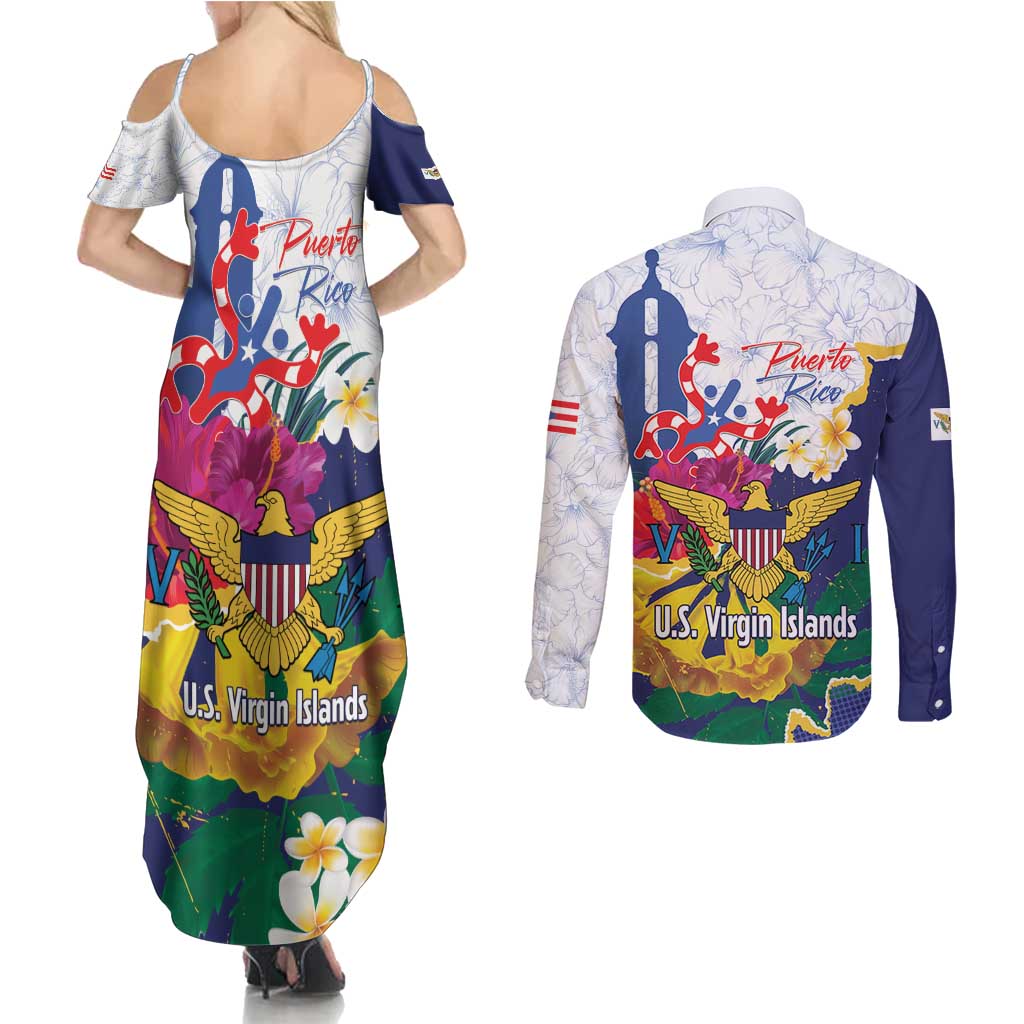 US Virgin Islands - Puerto Rico Day Couples Matching Summer Maxi Dress and Long Sleeve Button Shirt Boricua Coqui Yellow-colored Eagle - Wonder Print Shop