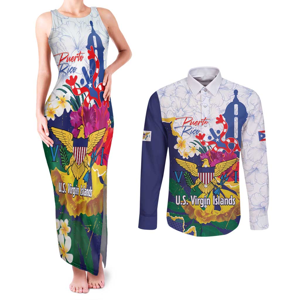 US Virgin Islands - Puerto Rico Day Couples Matching Tank Maxi Dress and Long Sleeve Button Shirt Boricua Coqui Yellow-colored Eagle - Wonder Print Shop