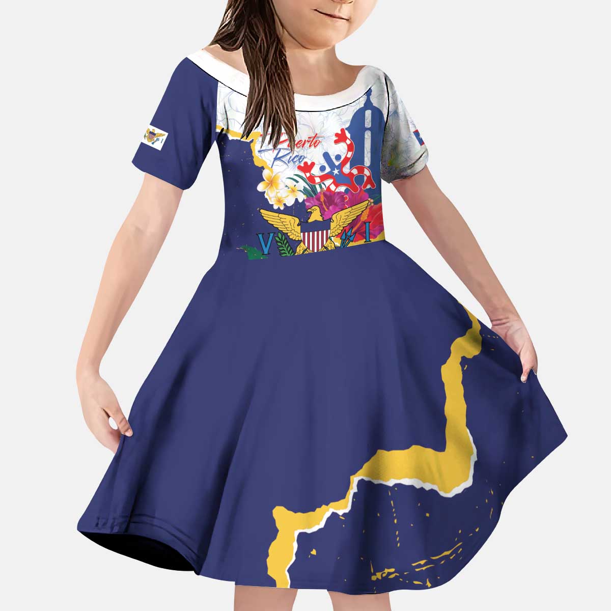 US Virgin Islands - Puerto Rico Day Kid Short Sleeve Dress Boricua Coqui Yellow-colored Eagle - Wonder Print Shop
