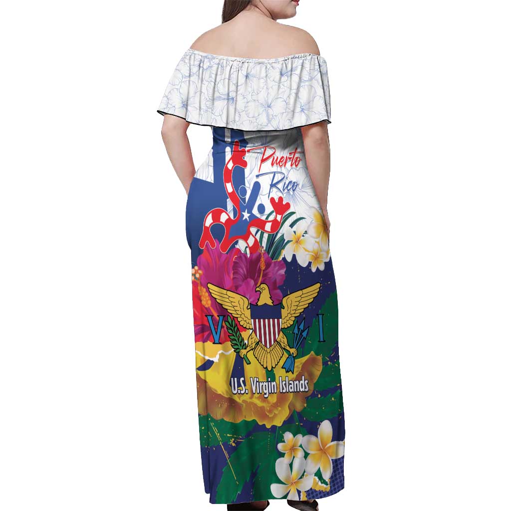 US Virgin Islands - Puerto Rico Day Off Shoulder Maxi Dress Boricua Coqui Yellow-colored Eagle - Wonder Print Shop