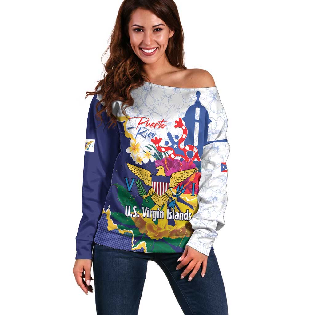US Virgin Islands - Puerto Rico Day Off Shoulder Sweater Boricua Coqui Yellow-colored Eagle - Wonder Print Shop
