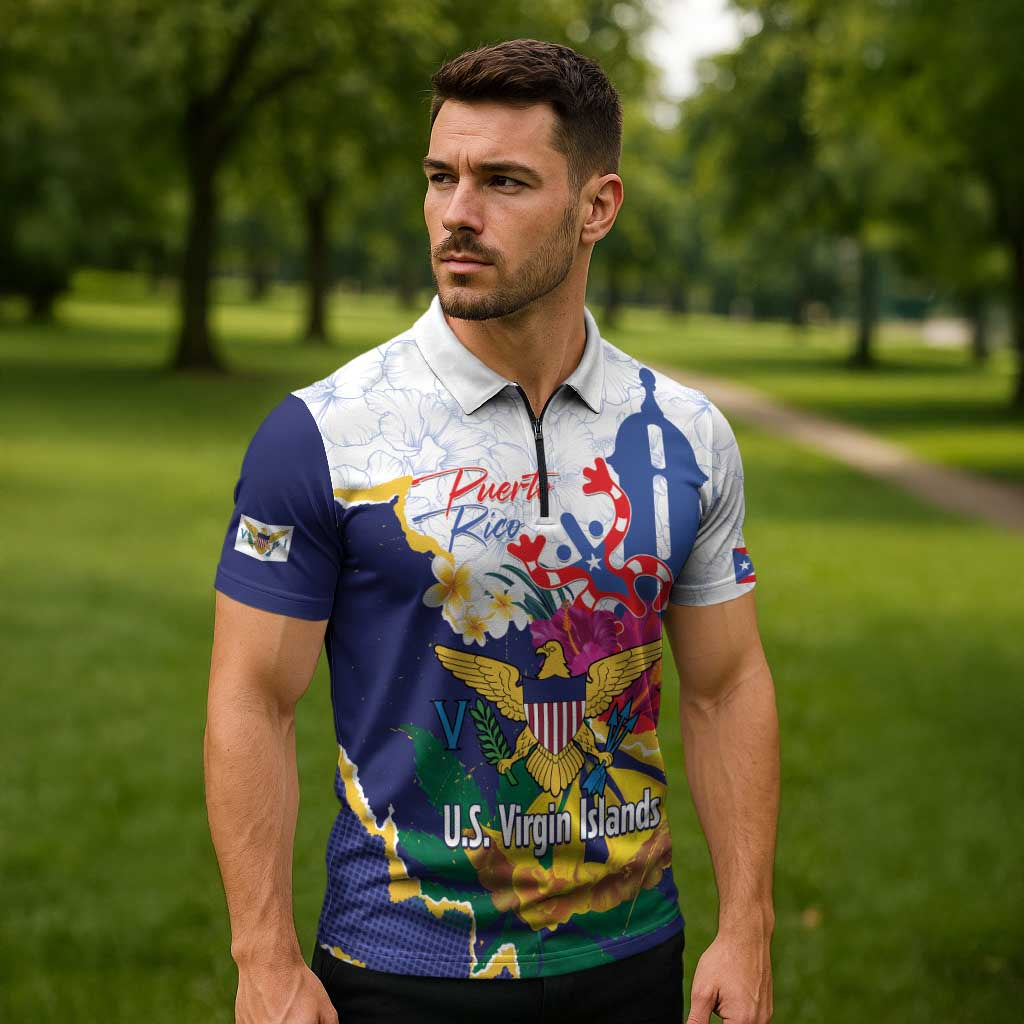 US Virgin Islands - Puerto Rico Day Zipper Polo Shirt Boricua Coqui Yellow-colored Eagle - Wonder Print Shop