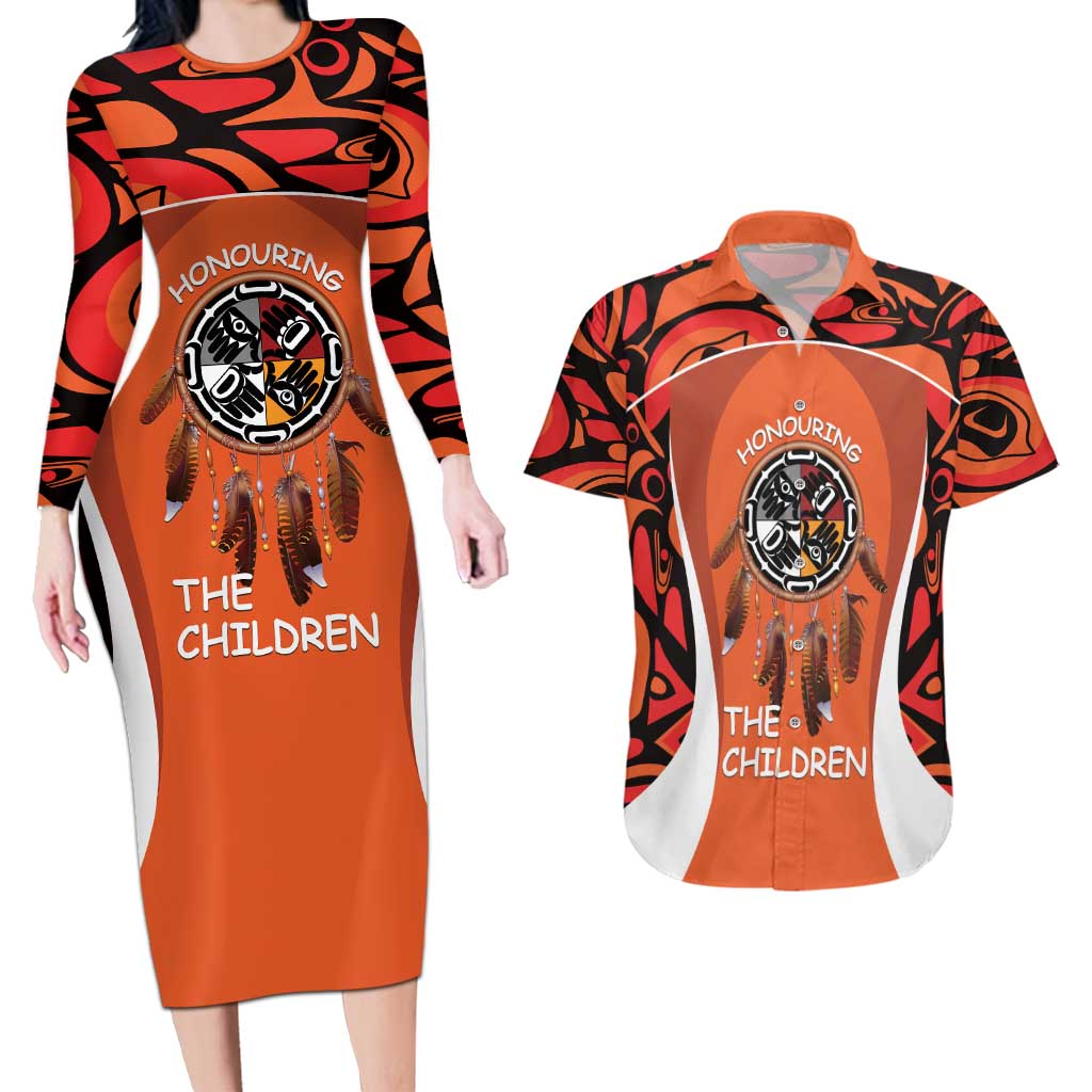 Personalized Orange Day Canada Couples Matching Long Sleeve Bodycon Dress and Hawaiian Shirt Honouring The Children Haida Pattern - Wonder Print Shop