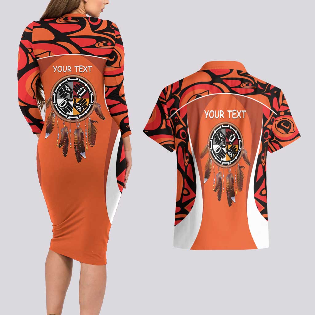 Personalized Orange Day Canada Couples Matching Long Sleeve Bodycon Dress and Hawaiian Shirt Honouring The Children Haida Pattern - Wonder Print Shop