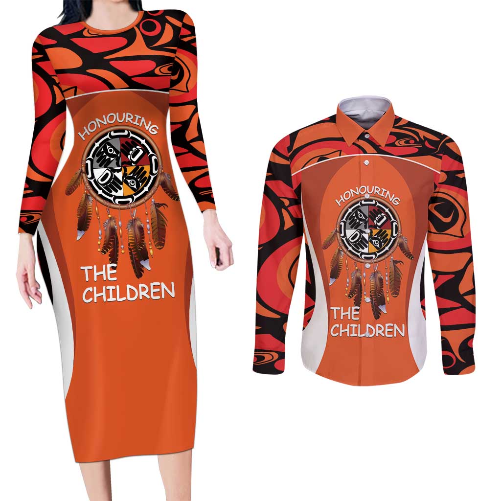Personalized Orange Day Canada Couples Matching Long Sleeve Bodycon Dress and Long Sleeve Button Shirt Honouring The Children Haida Pattern - Wonder Print Shop