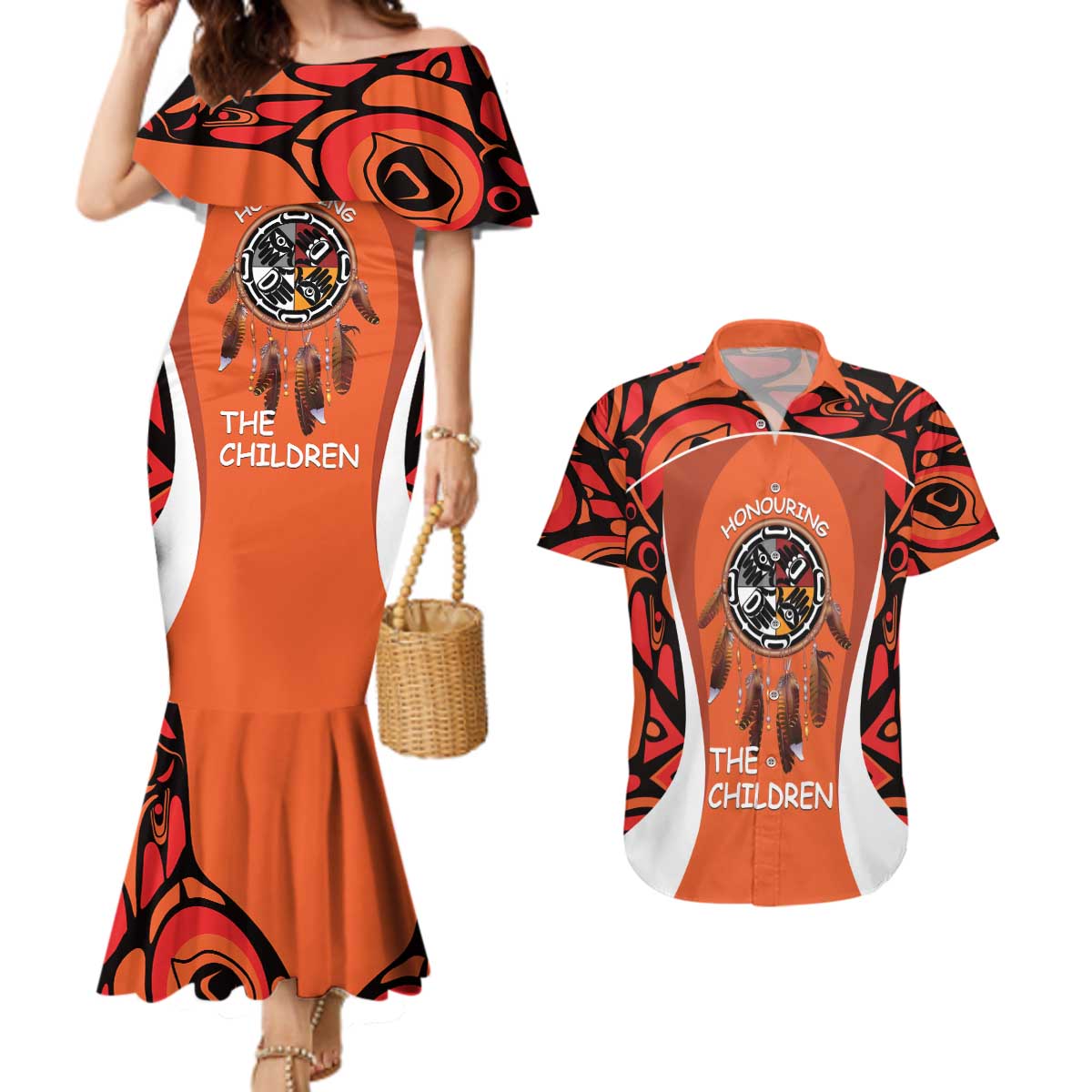 Personalized Orange Day Canada Couples Matching Mermaid Dress and Hawaiian Shirt Honouring The Children Haida Pattern - Wonder Print Shop