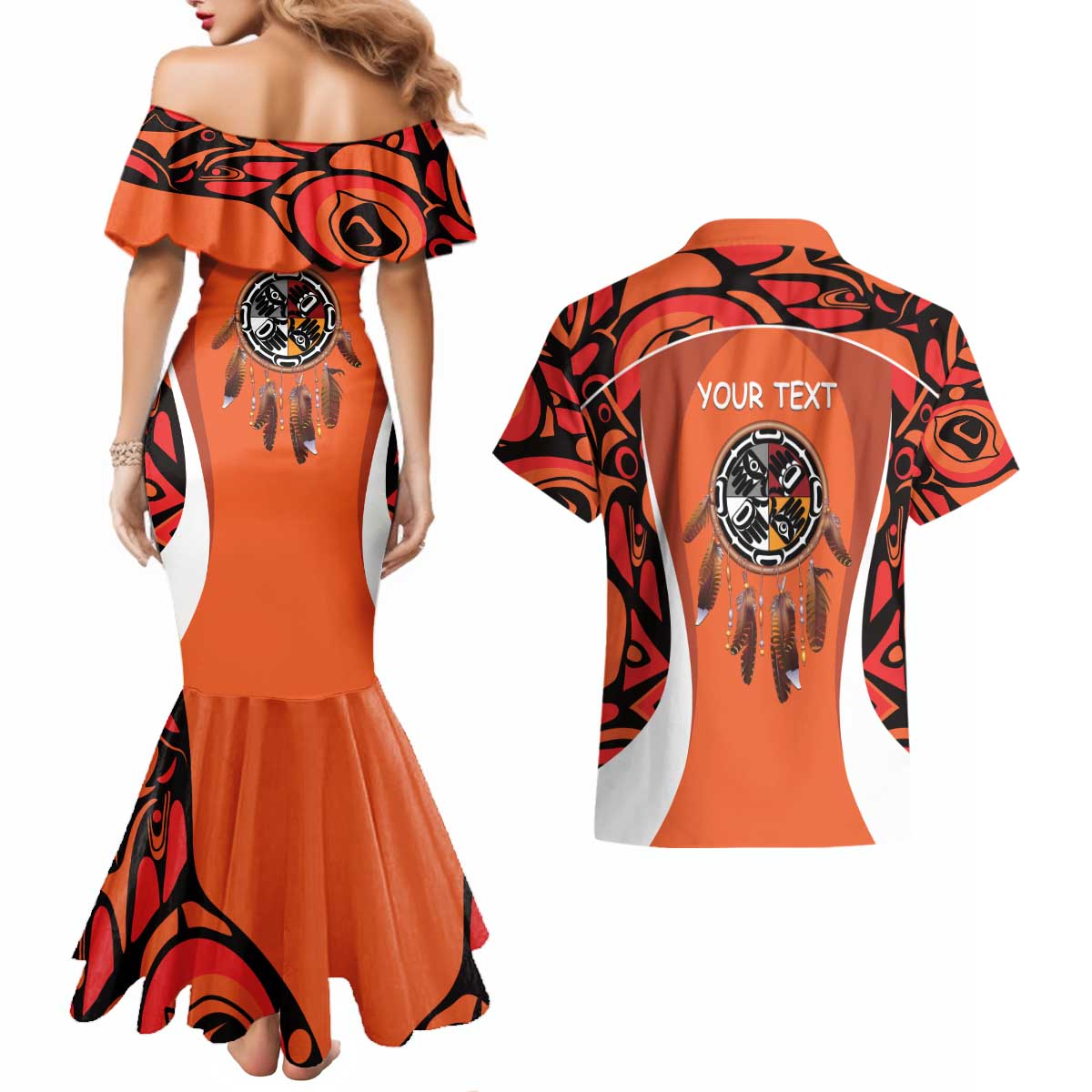 Personalized Orange Day Canada Couples Matching Mermaid Dress and Hawaiian Shirt Honouring The Children Haida Pattern - Wonder Print Shop