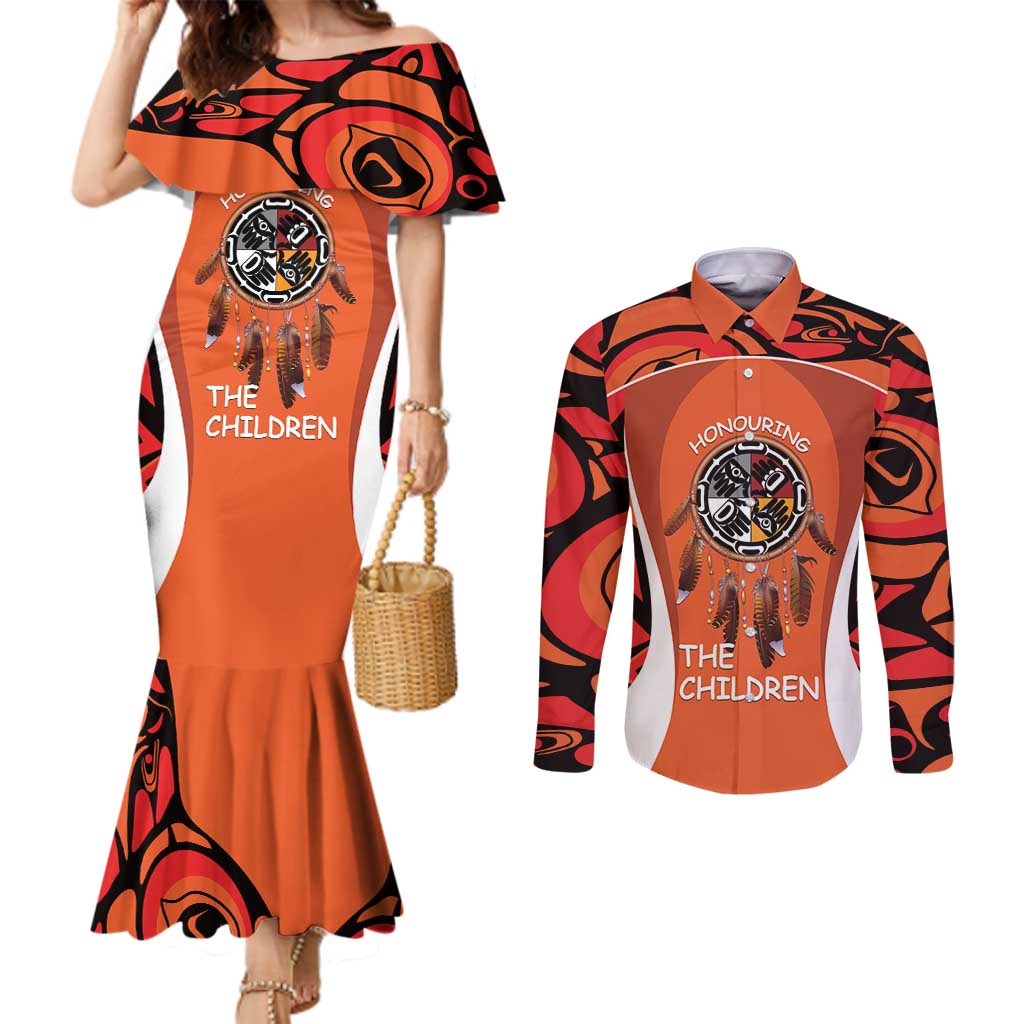 Personalized Orange Day Canada Couples Matching Mermaid Dress and Long Sleeve Button Shirt Honouring The Children Haida Pattern - Wonder Print Shop