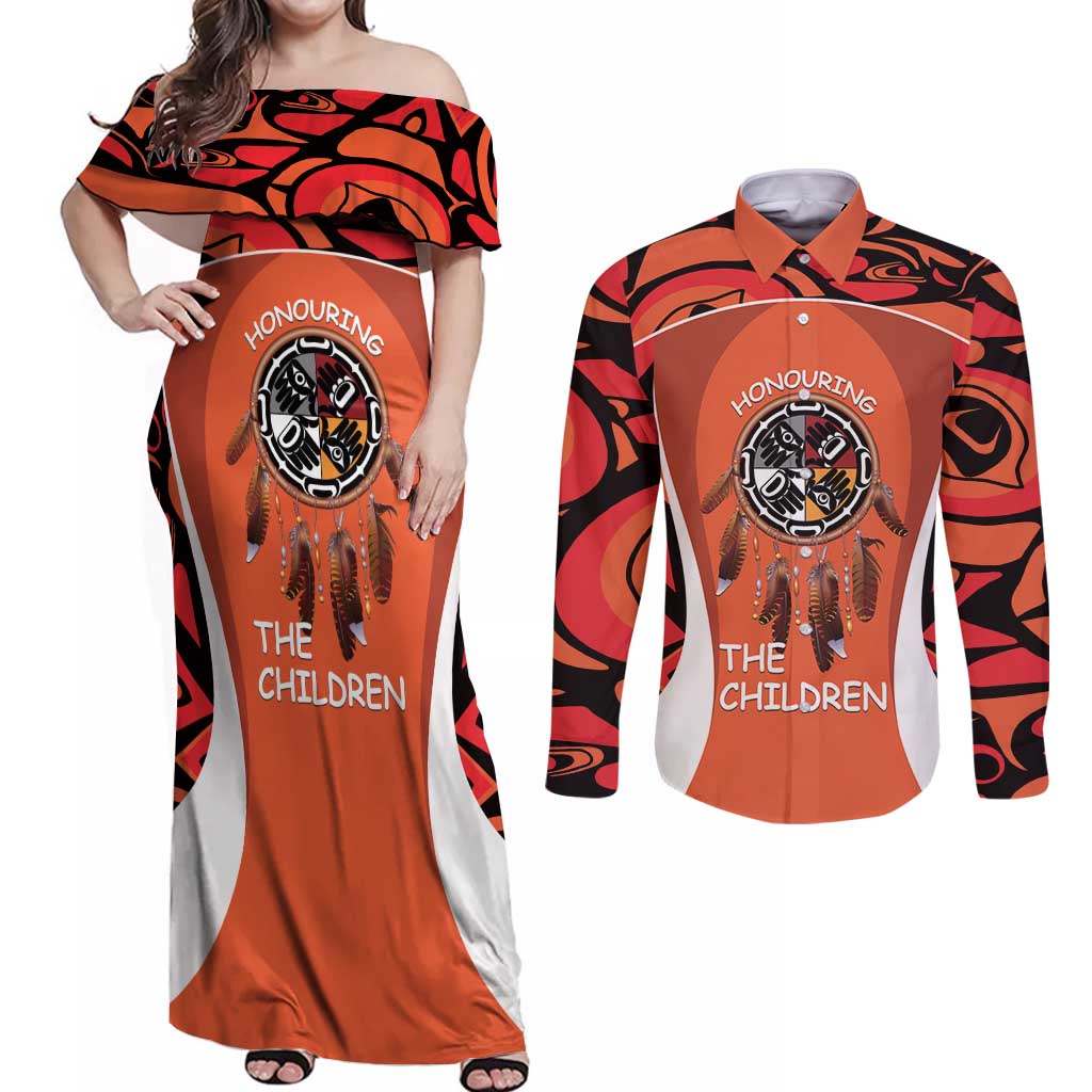 Personalized Orange Day Canada Couples Matching Off Shoulder Maxi Dress and Long Sleeve Button Shirt Honouring The Children Haida Pattern - Wonder Print Shop