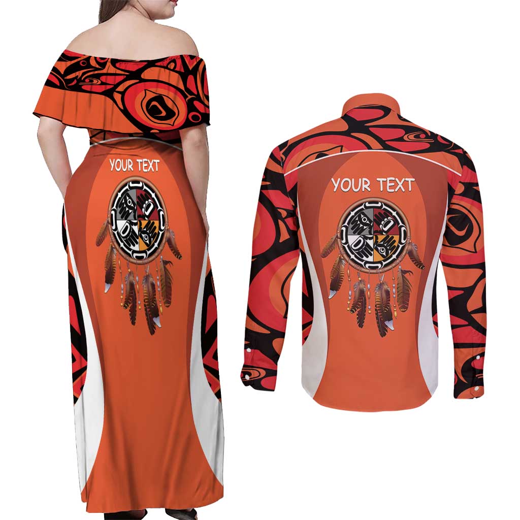 Personalized Orange Day Canada Couples Matching Off Shoulder Maxi Dress and Long Sleeve Button Shirt Honouring The Children Haida Pattern - Wonder Print Shop
